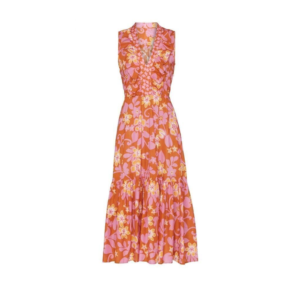 Warm Sierra Midi Dress Women's Size 1 Pink Orange Floral Ruffle Sleeveless RTR - Picture 15 of 15